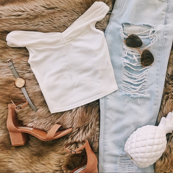 silence + noise Tops - White off the shoulder crop top urban outfitters